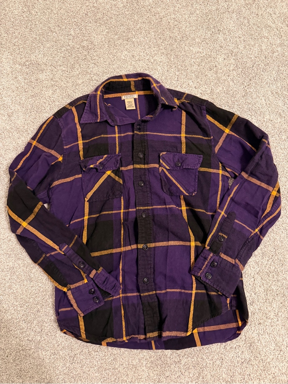 Arizona Jean Company Purple Plaid Shirt with Yellow Stripes